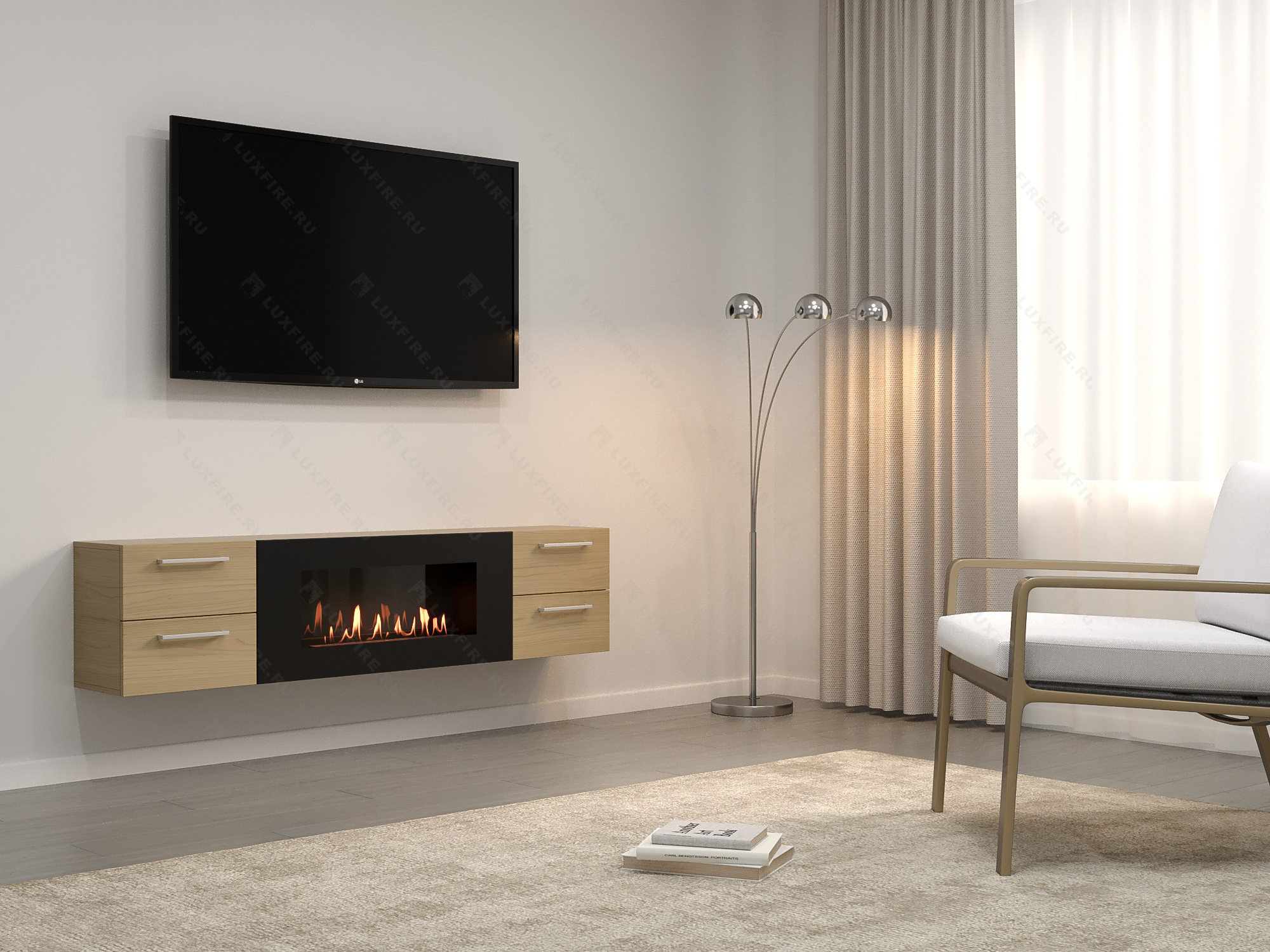 Тумба ТВ Lux Fire "Нева" настенная 1700 матовая, светлый дуб с биокамином 900 по цене 99 070 руб.
